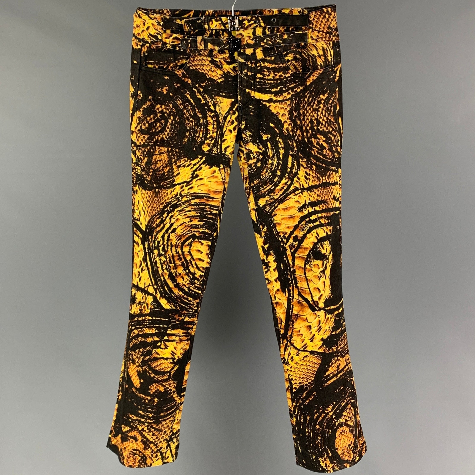 Just Cavalli Size 29 Yellow Black Graphic Print Cotton Zip Casual Pants